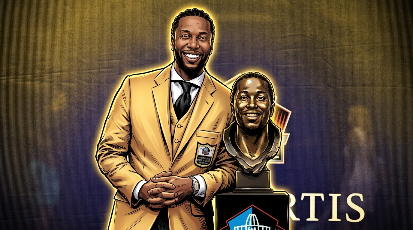 Larry Fitzgerald in comic style with a neon rim glow effect, gold and black color wash, beside his Pro Football Hall of Fame bronze bust — Swipe Sports