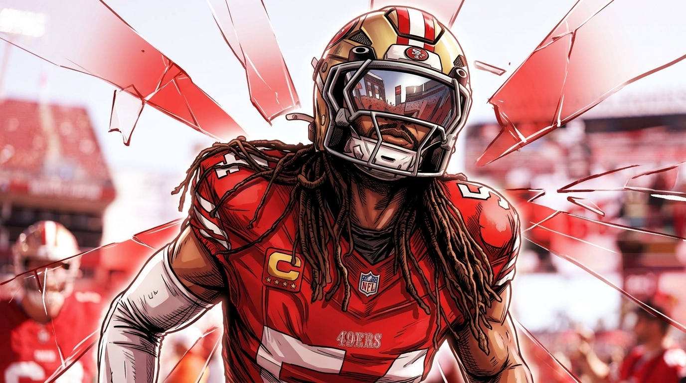 Comic-style rendering of Fred Warner in a red 49ers jersey with a shattered-glass burst effect over a stadium background