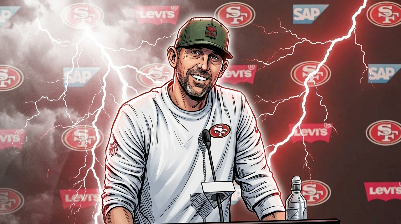 Comic-style illustration of Kyle Shanahan in a white 49ers quarter-zip at a press conference podium, with a storm and lightning effect around him.