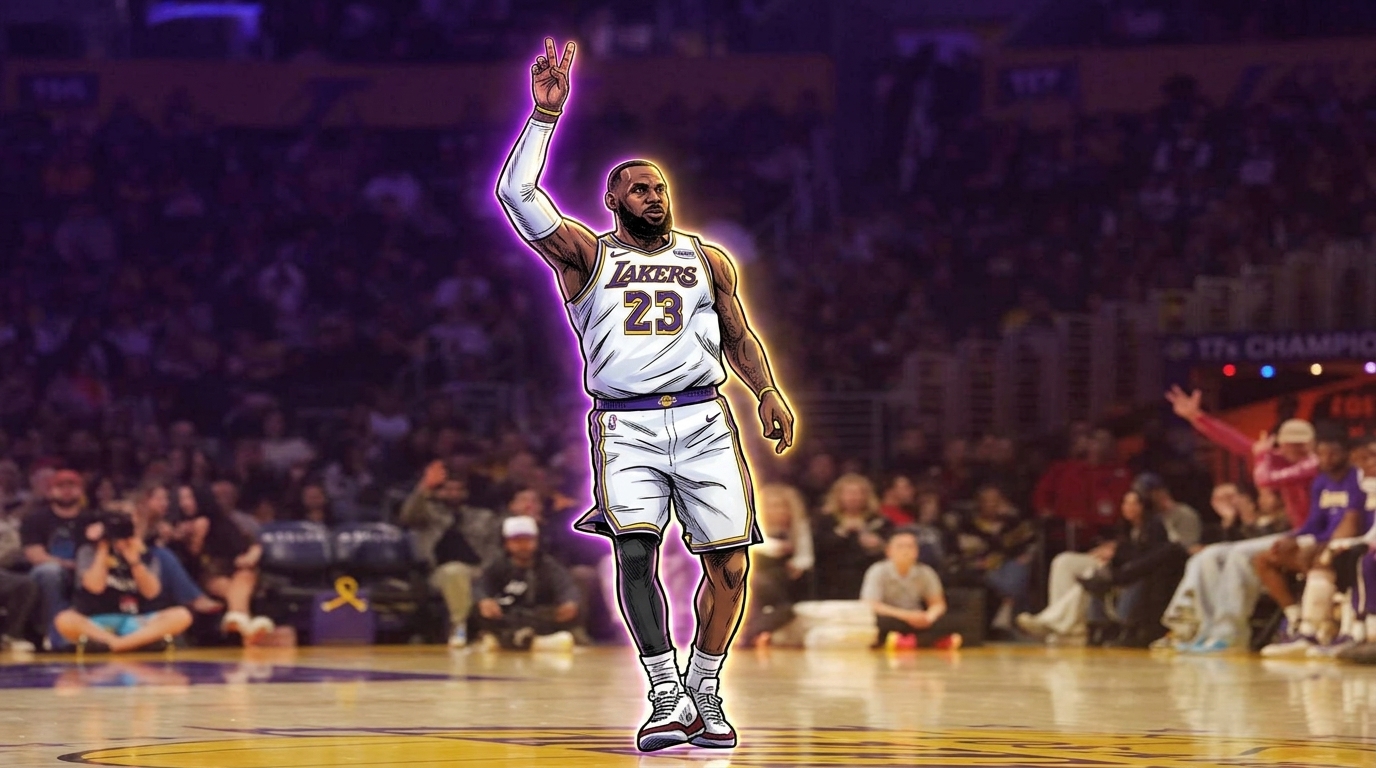 Comic-style illustration of LeBron James in white Lakers jersey #23 raising three fingers, neon rim glow effect over a blurred arena crowd background — editorial image for 76ers 2026-27 schedule favoritism coverage.