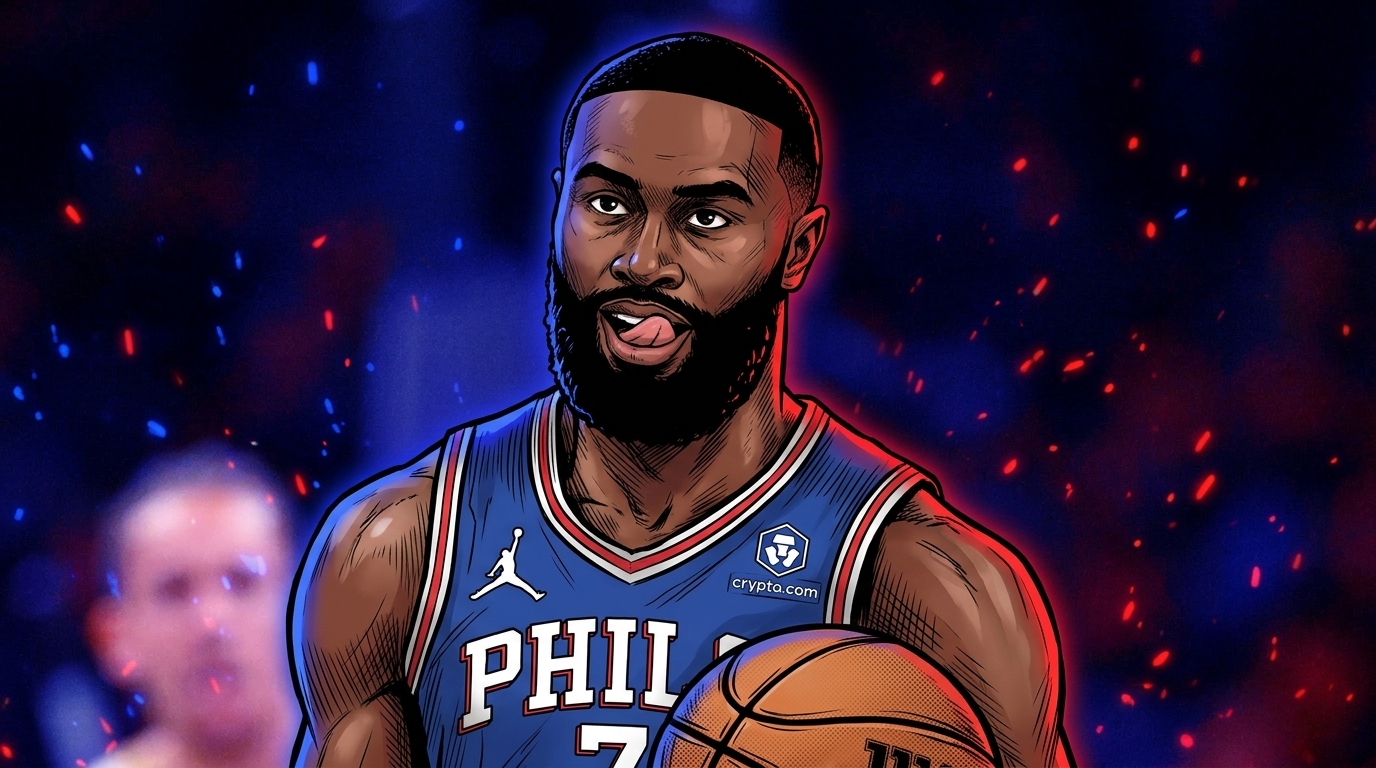 Jaylen Brown in 76ers blue jersey with particle ember effect — Swipe Sports