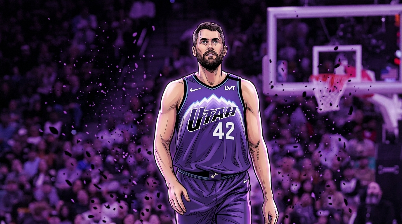 Kevin Love, comic-styled in a purple Utah Jazz jersey with a particle-field effect, illustrating the 76ers' title-odds market movement