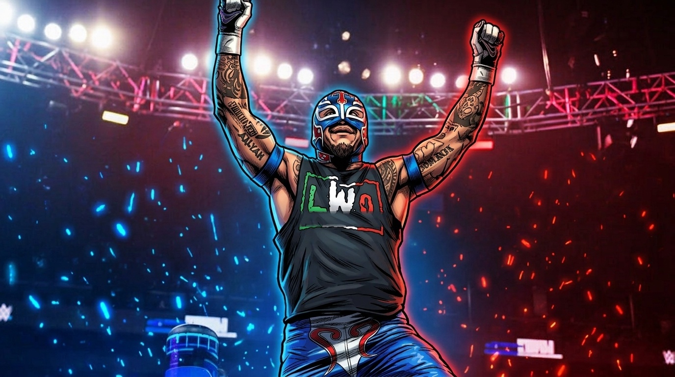 Comic-style illustration of Rey Mysterio, arms raised in celebration, wearing a black LWO tank top and blue/red/white luchador mask, blue and red particle and ember effects over a WWE arena lighting rig background