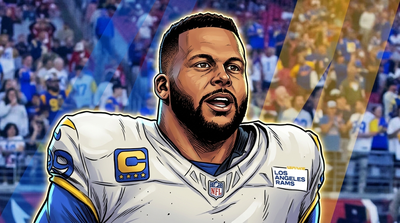 Comic-style rendering of Aaron Donald in a white Rams jersey with a geometric light-streak effect over a stadium crowd background