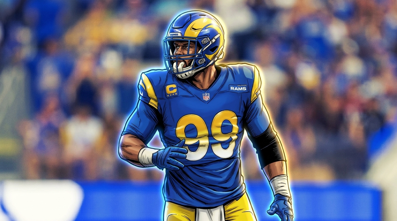 Aaron Donald, Los Angeles Rams, comic-style image amid comeback speculation