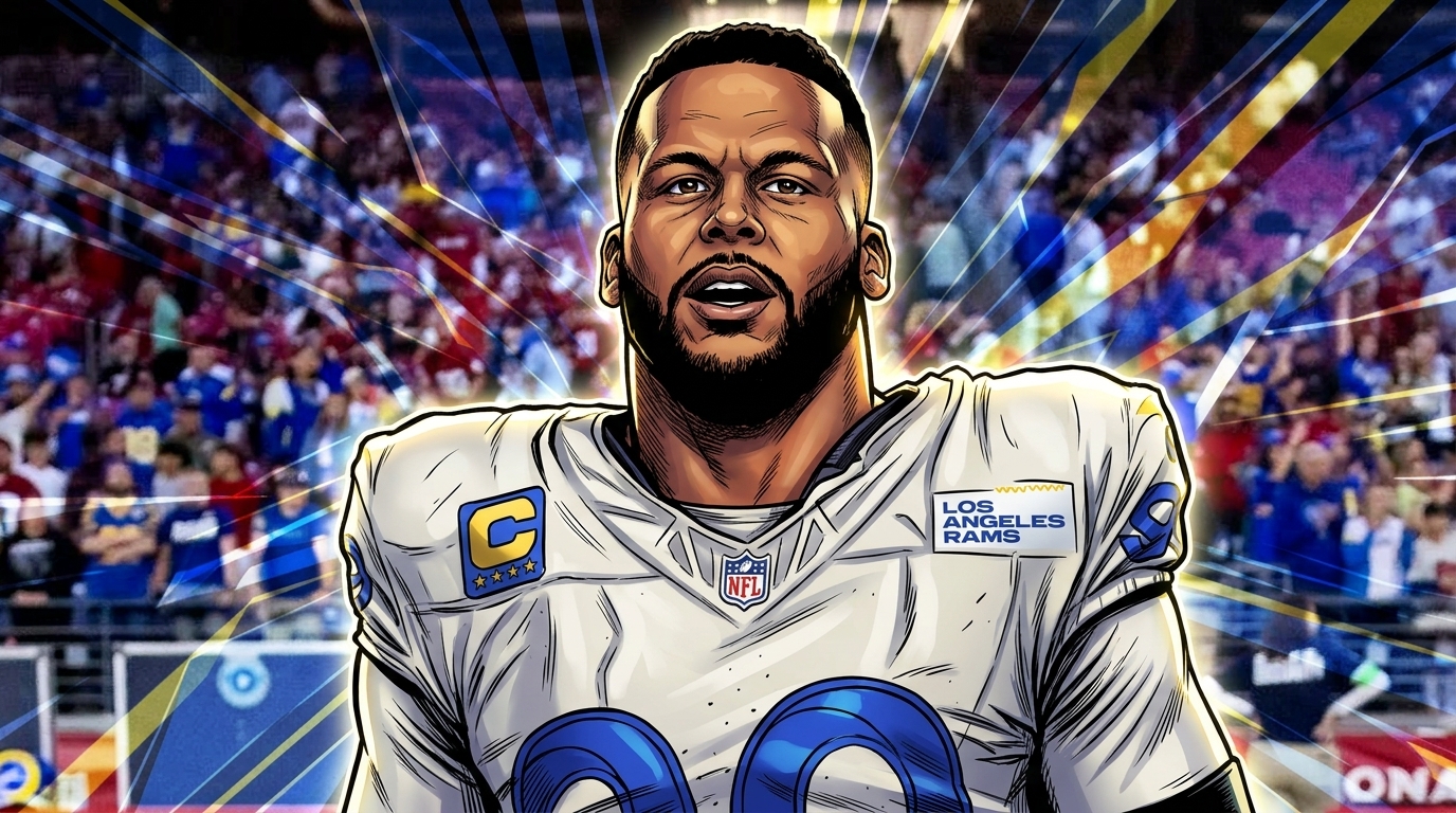 Comic-style rendering of Aaron Donald in a white Rams jersey with a geometric light-streak effect over a stadium crowd background