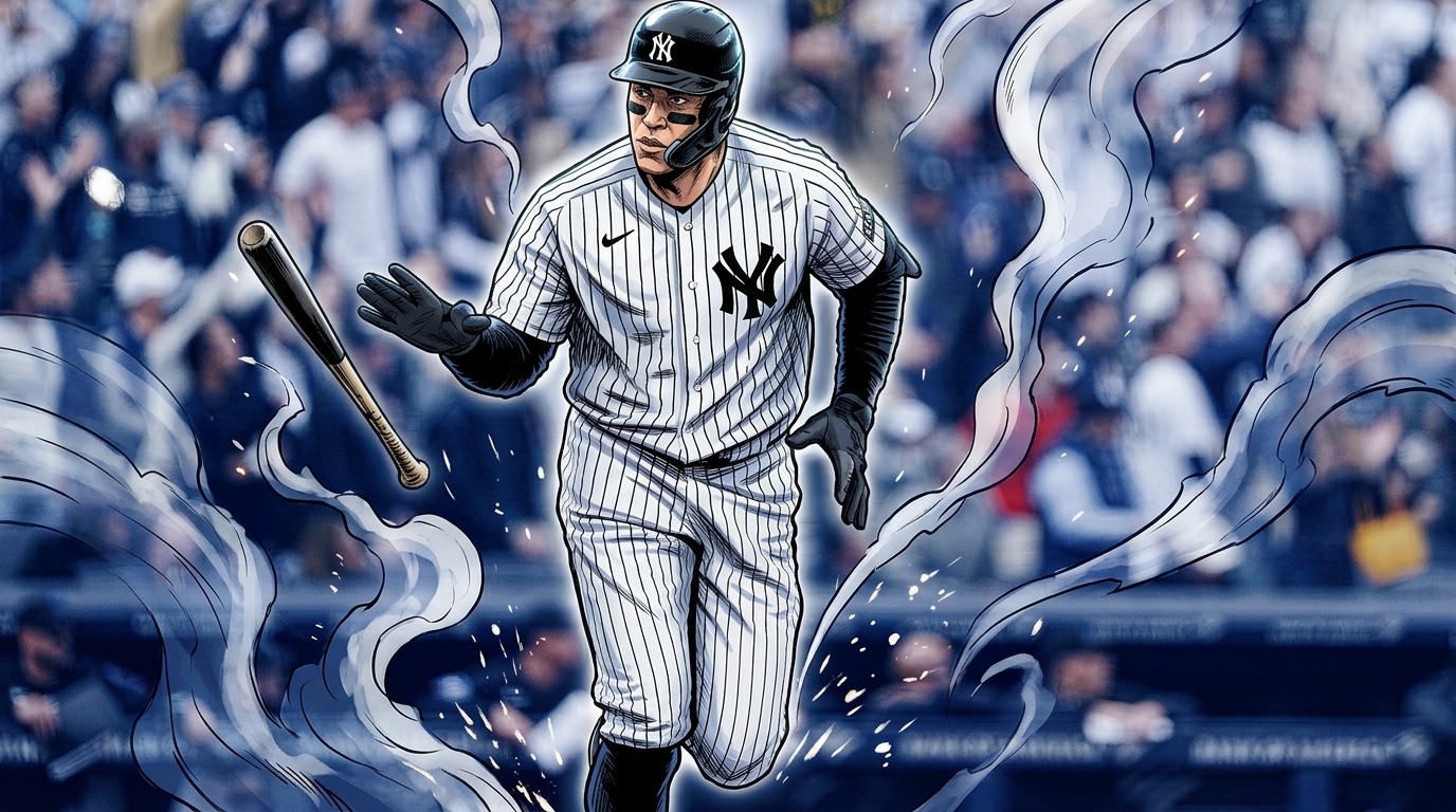 Aaron Judge bat-flip in white Yankees pinstripes with smoke and sparks effect — Swipe Sports