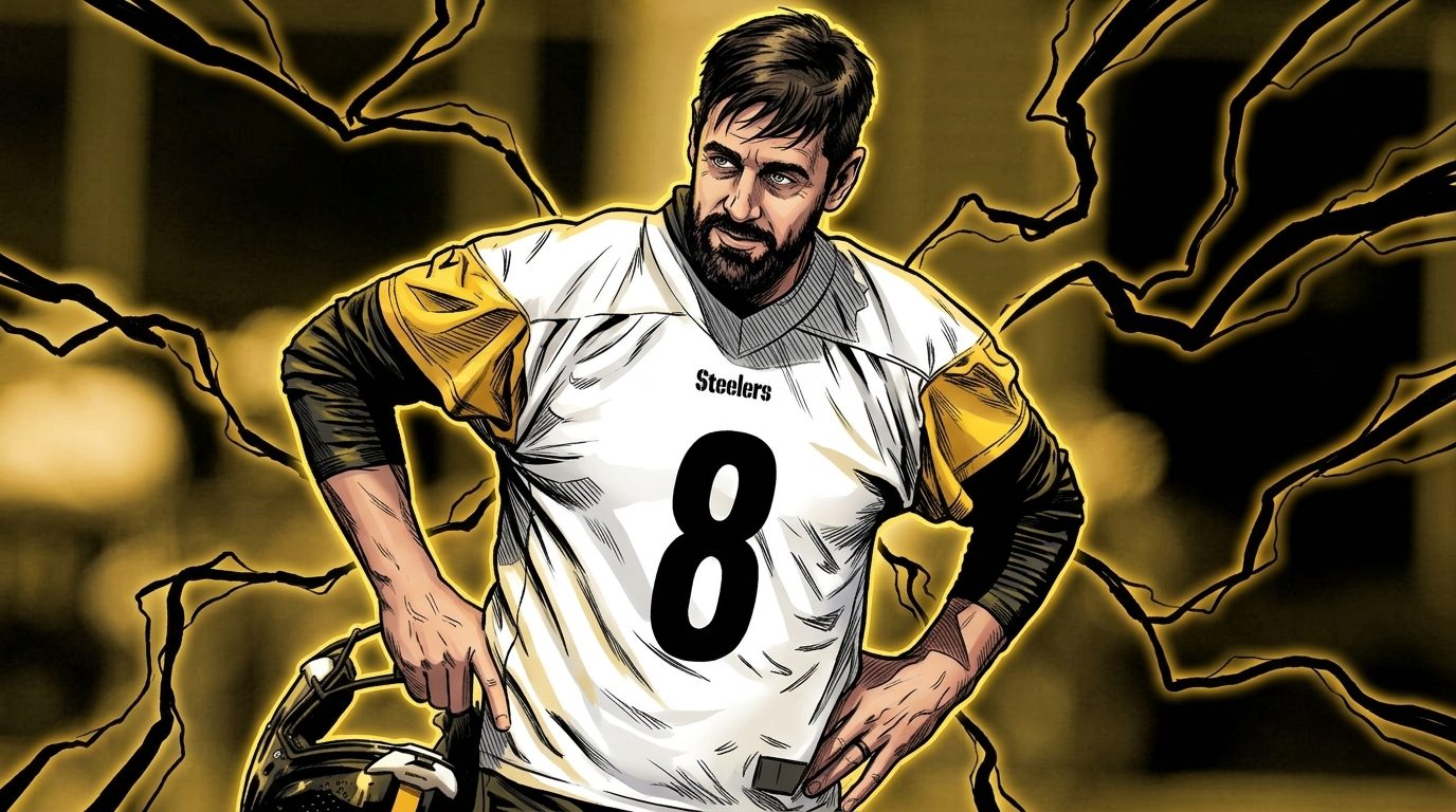 Aaron Rodgers, Pittsburgh Steelers, comic-styled with an electric energy lightning effect during his political rant on Cam Heyward's podcast