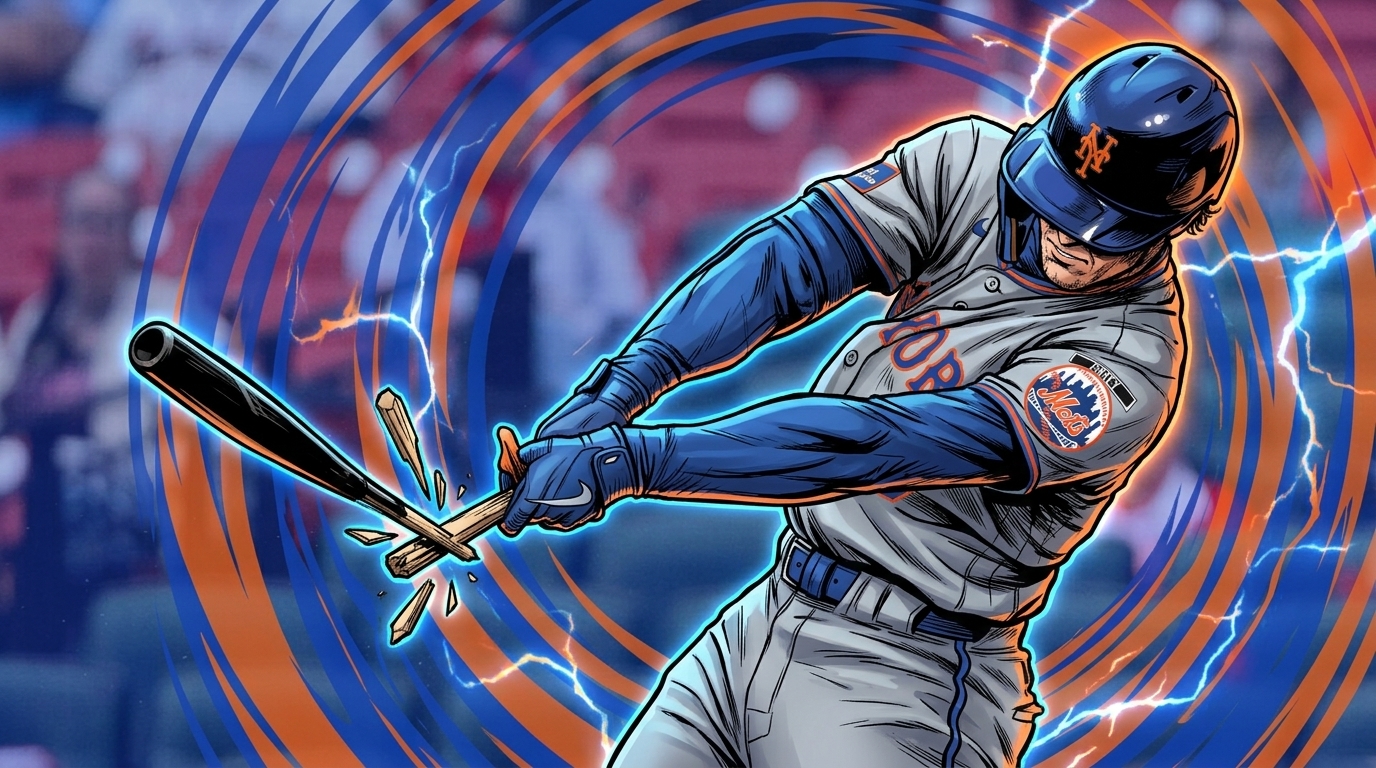 Brett Baty, New York Mets, comic-style illustration mid-swing with lightning effect