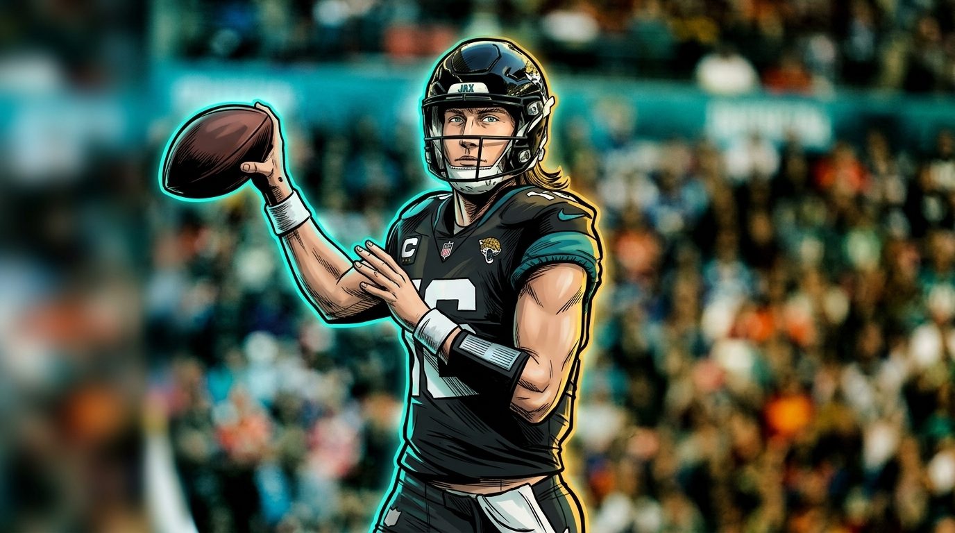 Trevor Lawrence in a Jacksonville Jaguars black alternate uniform, comic-style illustration with a teal and gold neon rim glow effect over a blurred stadium crowd background