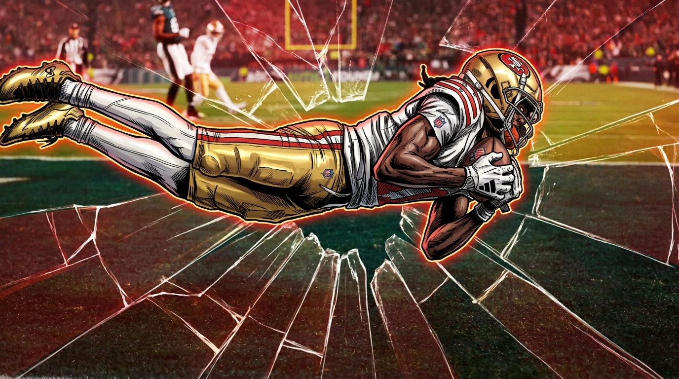 Comic-style illustration of Brandon Aiyuk diving for a touchdown catch in a white 49ers jersey and gold pants, shattered-glass effect around him