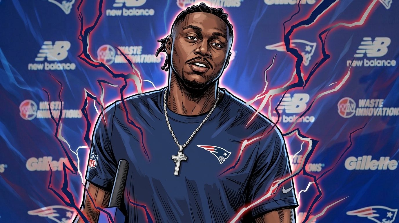Comic-book illustration of AJ Brown in a navy Patriots t-shirt at a press-conference podium, electric blue and red lightning crackling around him against the sponsor step-and-repeat backdrop