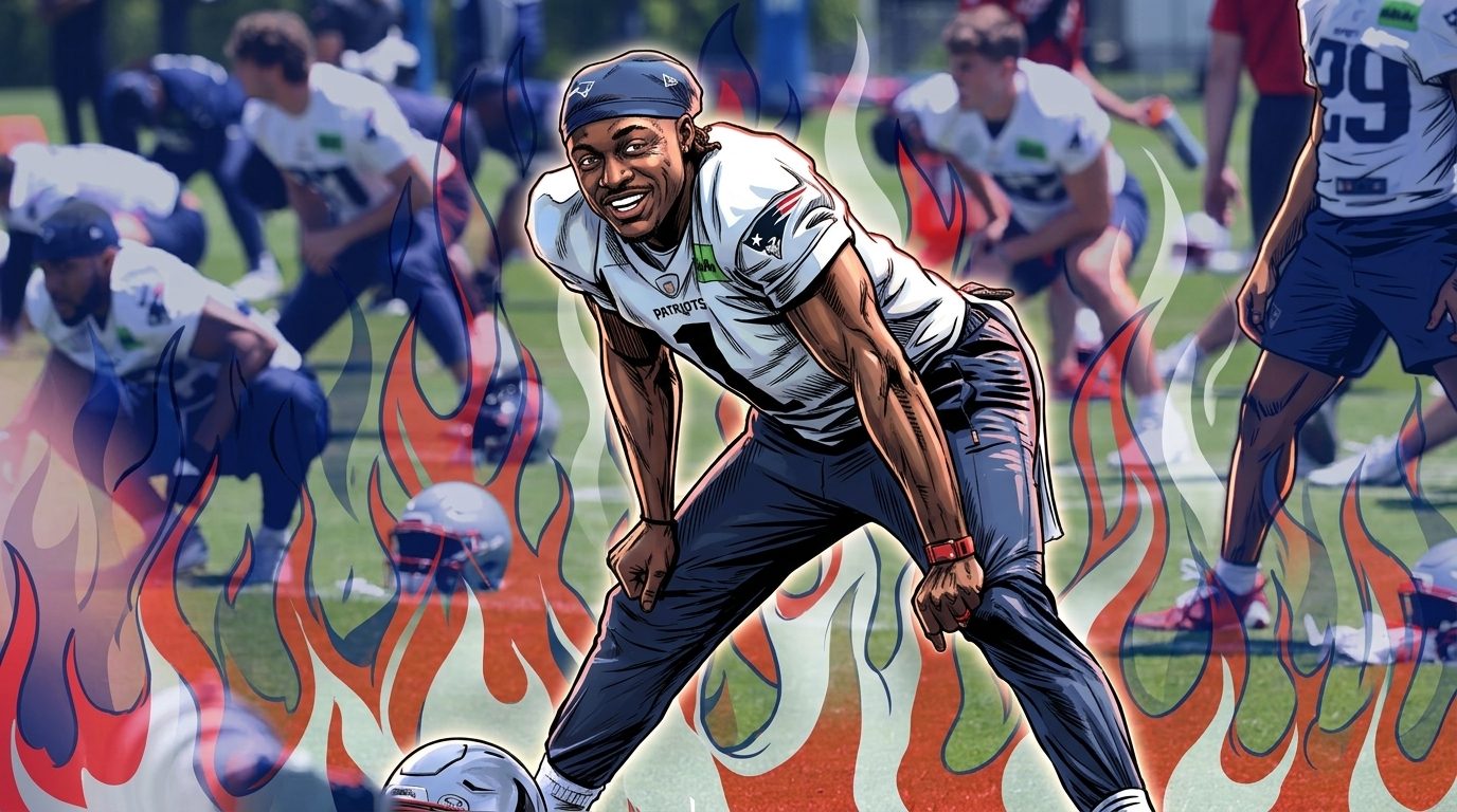 Comic-book illustration of A.J. Brown grinning in a white Patriots practice jersey on the practice field, teammates stretching in the photographic background, flame effect overlay
