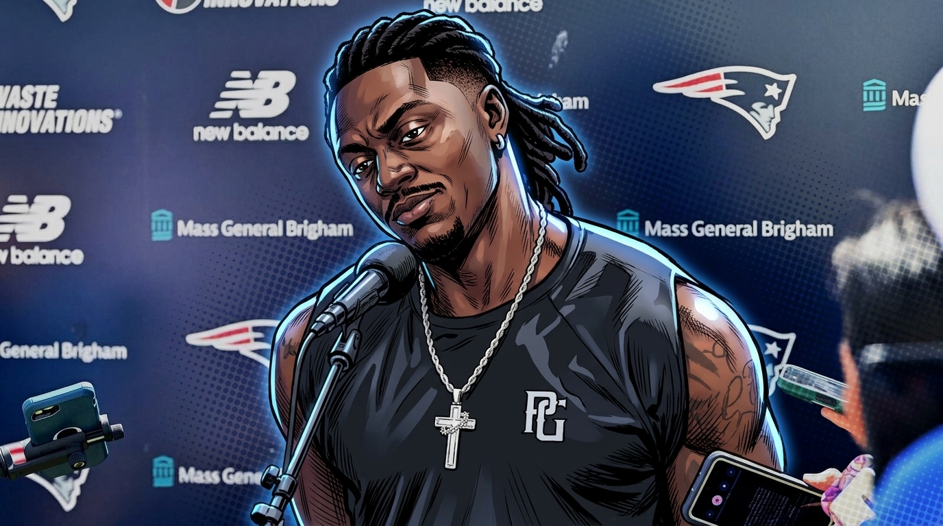 Comic-style illustration of A.J. Brown at a Patriots joint-practice press conference, neon rim glow effect in navy and silver