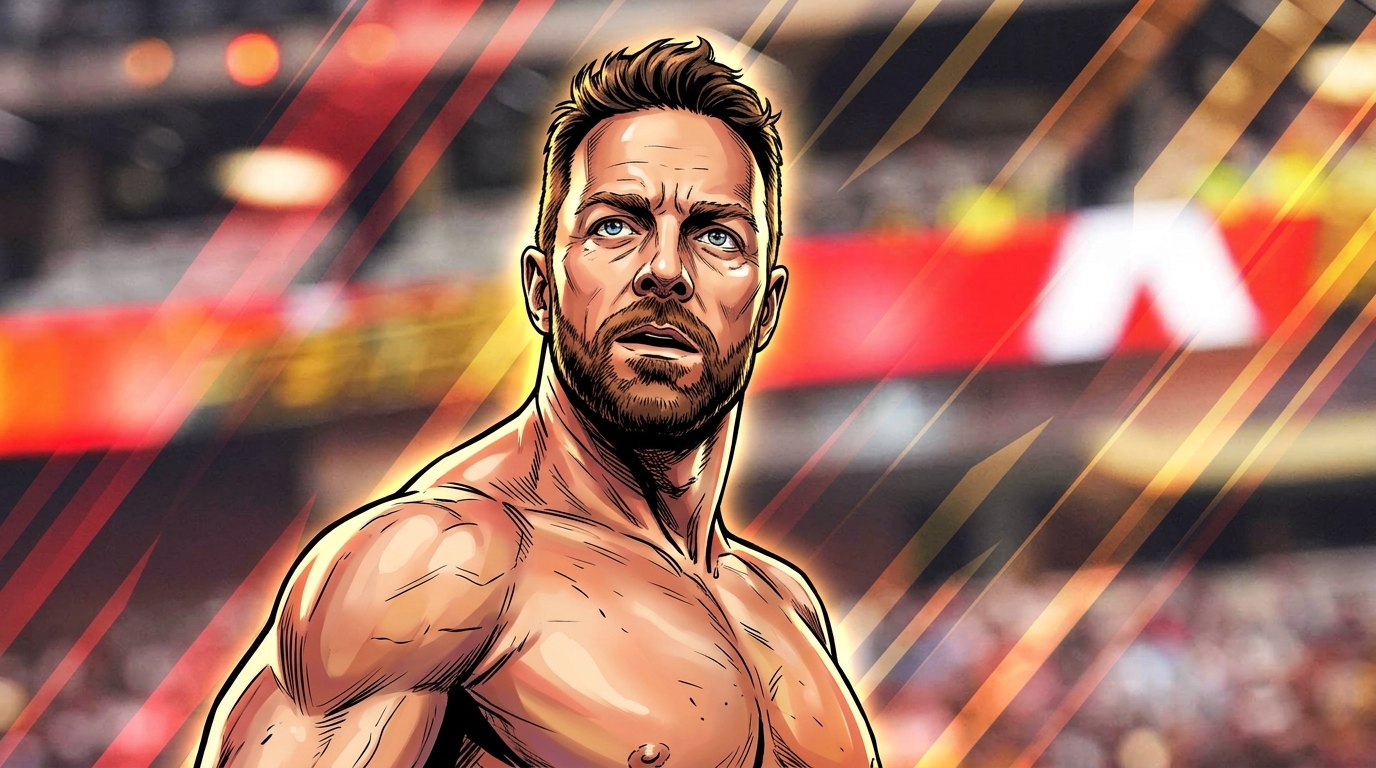 Comic-style illustration of LA Knight, shirtless, in a tight close-up with a serious expression, geometric light streaks effect against a warm red and gold tinted arena background