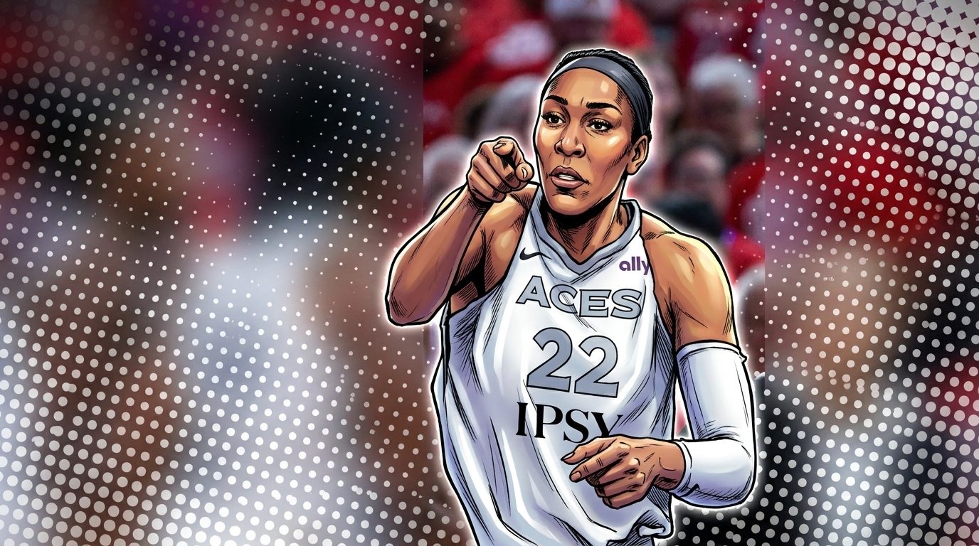 Comic-style halftone illustration of A'ja Wilson pointing in a Las Vegas Aces jersey