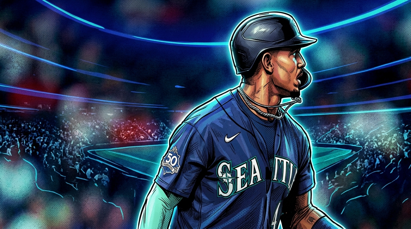 Comic-style illustration of Julio Rodriguez in a navy Seattle Mariners road jersey with white 'SEATTLE' script, No. 44, and a mint-teal batting sleeve, neon rim-glow effect over a blurred stadium crowd background