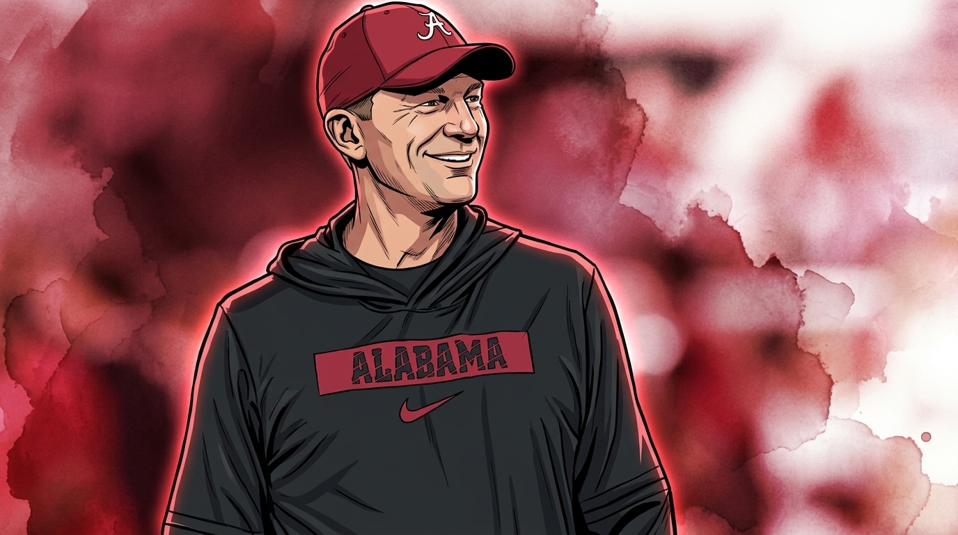 Kalen DeBoer Alabama coaching hoodie smiling comic book watercolor style