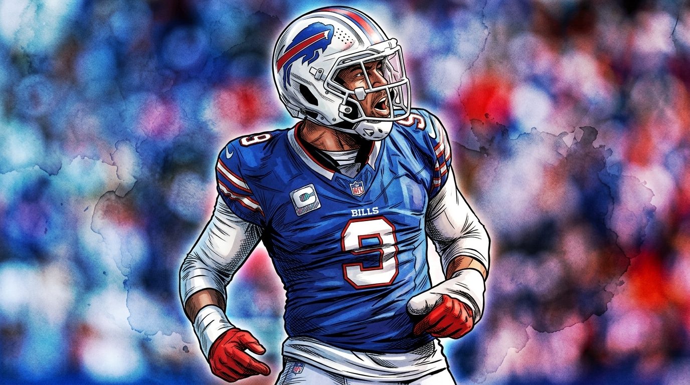 Comic-style illustration of Buffalo Bills linebacker Bradley Chubb in his home jersey, shouting with clenched fists, ink wash effect over a stadium crowd background