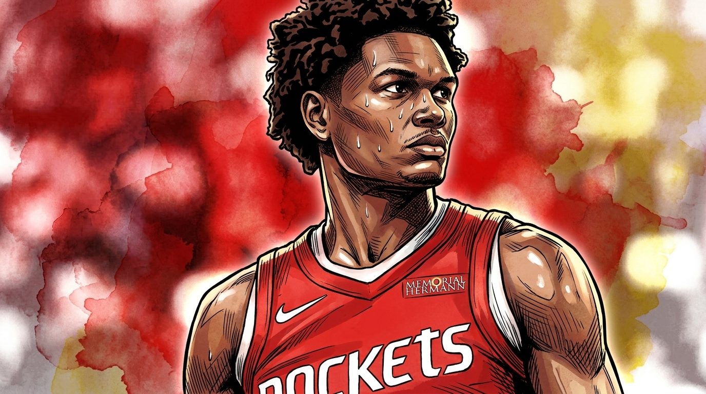 Comic-style illustration of Amen Thompson in a Houston Rockets jersey with a red and gold ink-wash background