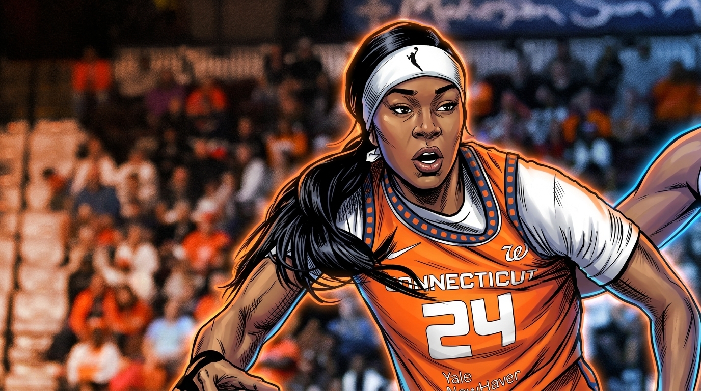 Aneesah Morrow rendered as a comic book illustration driving to the basket in her orange Connecticut Sun jersey, with a cyan neon rim-glow effect -- Swipe Sports