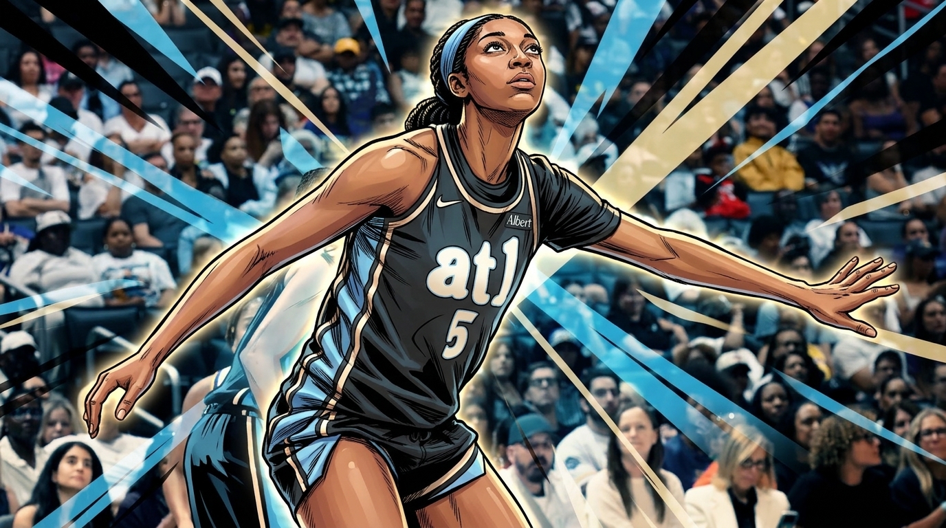 Comic-book styled illustration of Angel Reese grabbing a rebound in an Atlanta Dream jersey