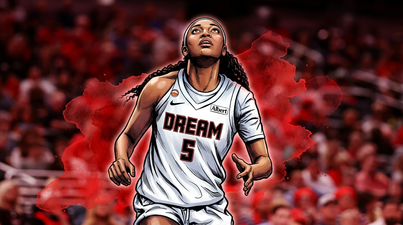 Comic-style illustration of Angel Reese in her Atlanta Dream white road jersey looking upward, red ink-wash effect over a crowd background