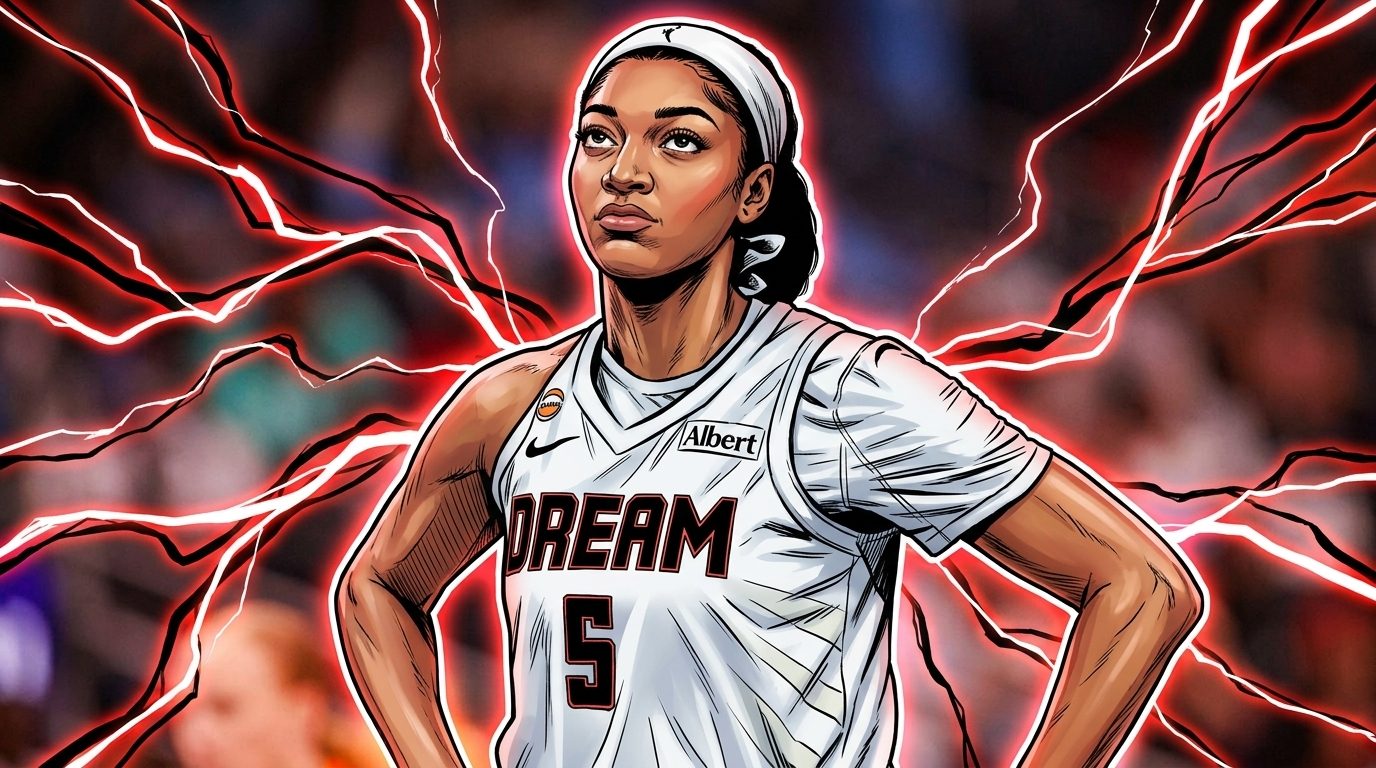 Angel Reese of the Atlanta Dream standing with hands on hips in her white jersey, comic-styled with a red electric energy effect