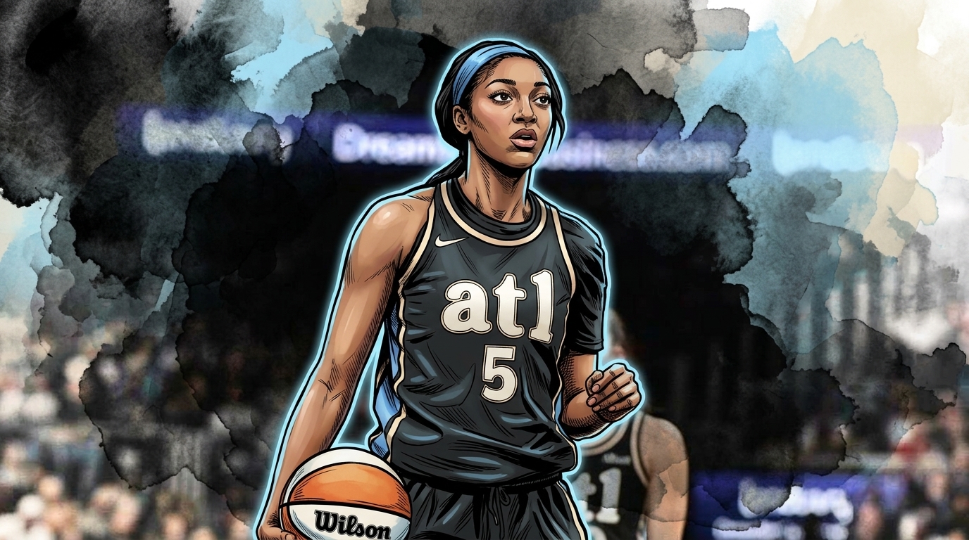 Angel Reese of the Atlanta Dream in comic book style with an ink wash and watercolor bleed effect