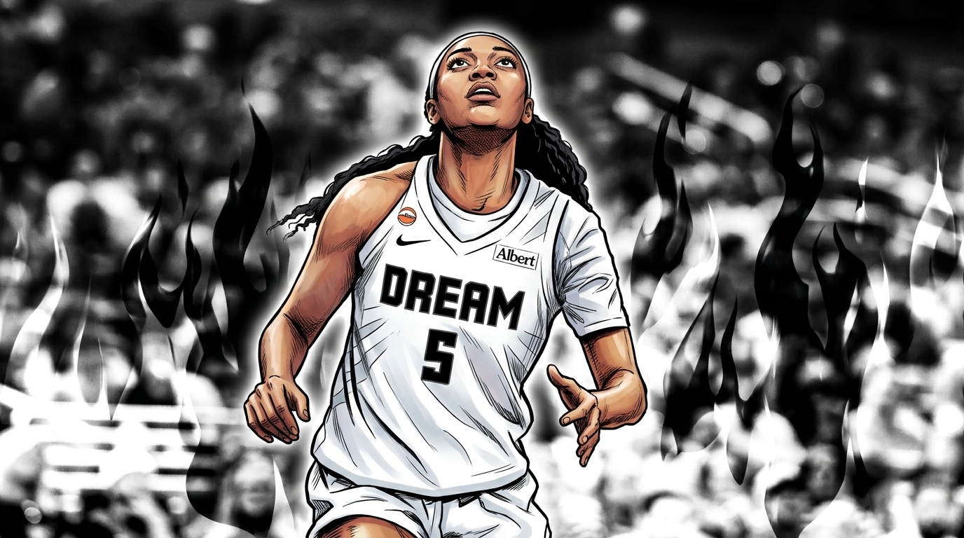 Angel Reese of the Atlanta Dream in comic book style with flames effect