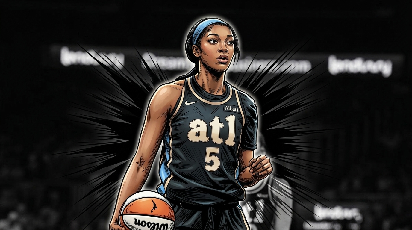 Angel Reese of the Atlanta Dream in comic book style with a shockwave effect