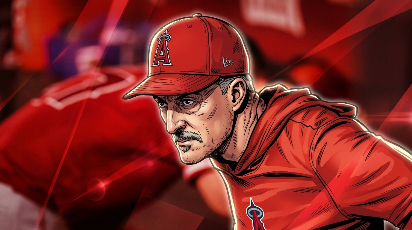 Mike Maddux in Angels red, comic-book geometric light streaks effect radiating behind him