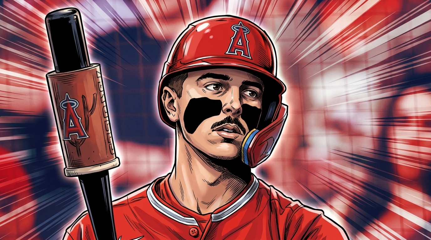 Zach Neto in Angels red, comic-book shockwave effect radiating behind him