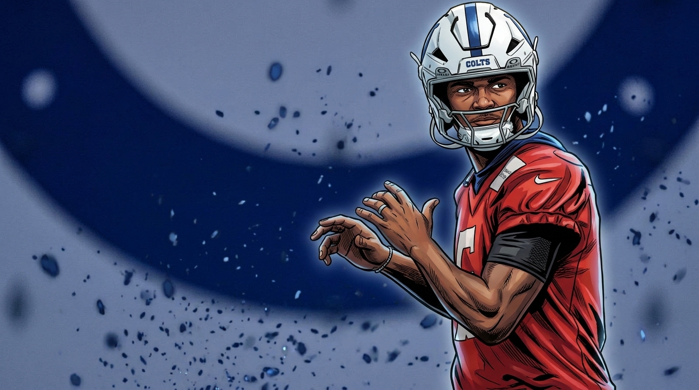 Comic-book style illustration of Anthony Richardson in a red Indianapolis Colts practice jersey and white helmet against a navy blue particle-effect background with the Colts horseshoe logo