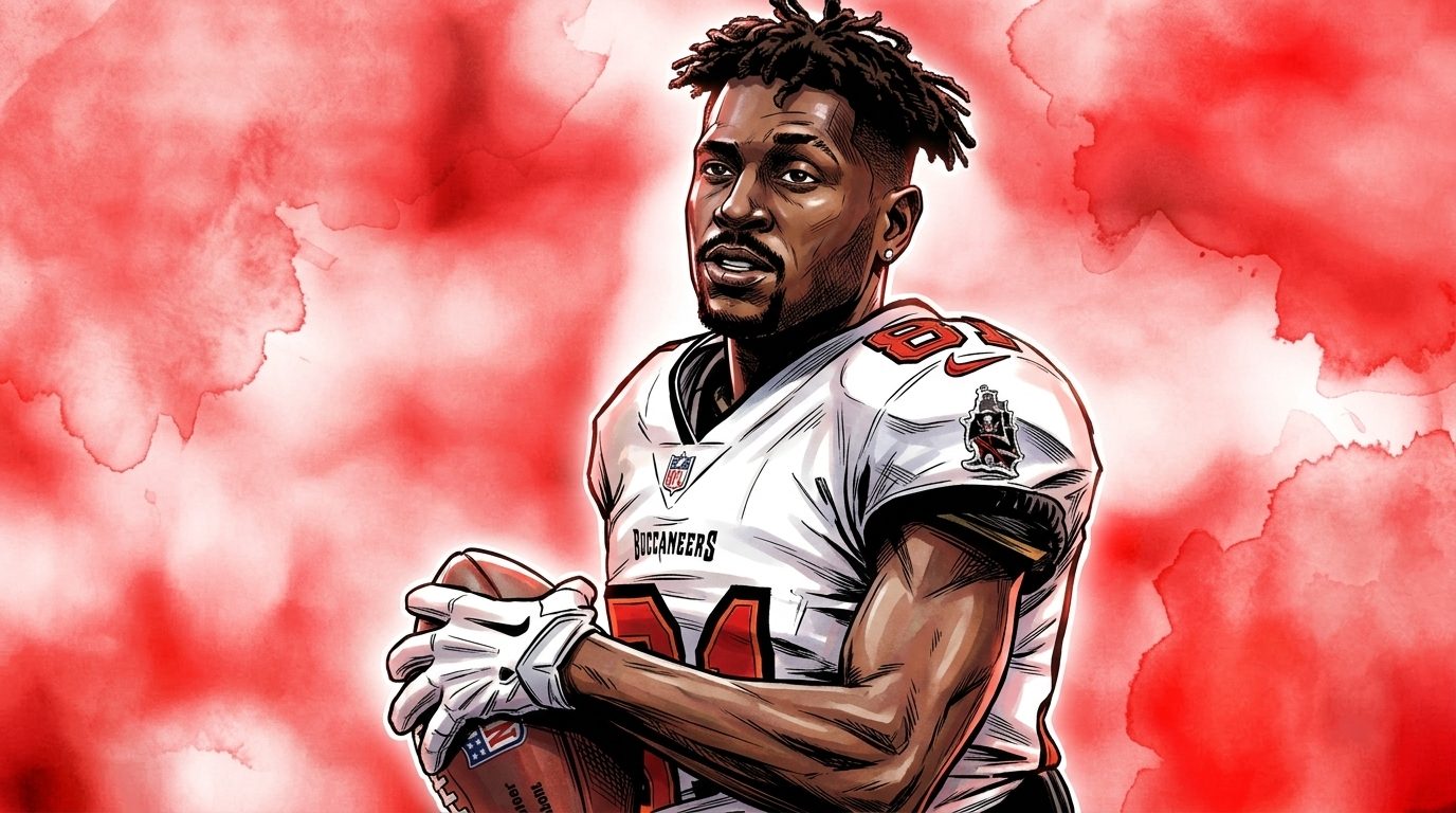 Comic-style illustration of Antonio Brown in a Buccaneers jersey holding a football against a red ink wash background