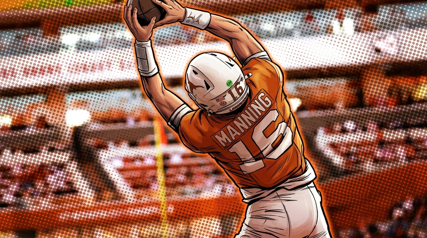 Comic-style halftone illustration of Arch Manning in a Texas Longhorns jersey, number 16, mid-play with a blurred stadium background