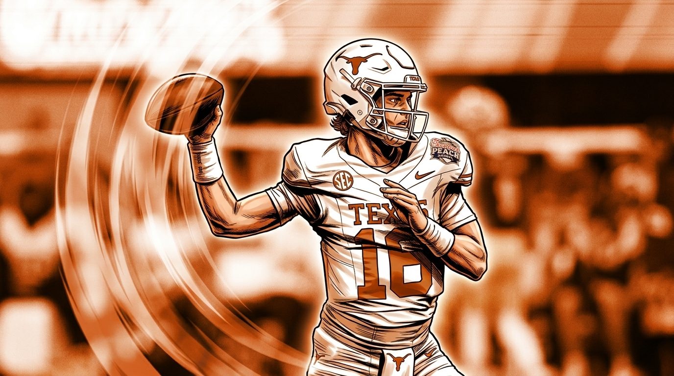 Comic-style illustration of Arch Manning throwing a pass in a white Texas Longhorns away jersey with a Peach Bowl patch, orange shockwave motion lines radiating through a blurred stadium crowd background