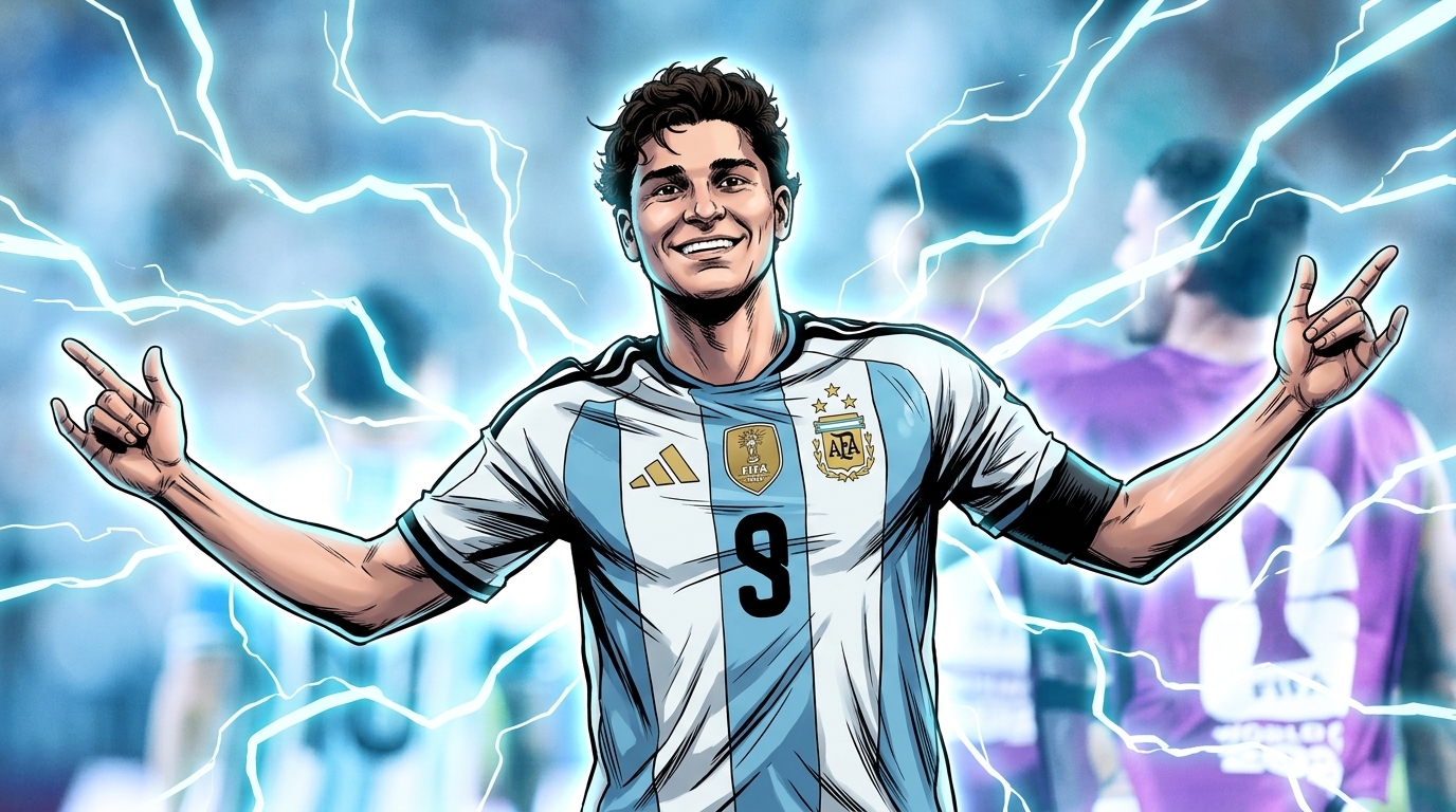 Julian Alvarez celebrating his 112th-minute goal against Switzerland