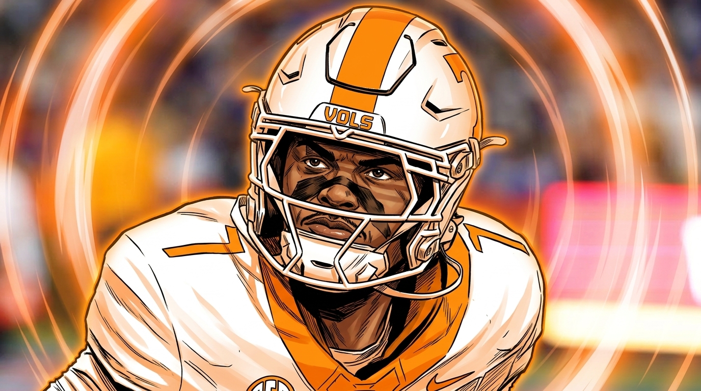 Comic-style illustration of Tennessee linebacker Arion Carter in a white home jersey and helmet, shockwave effect
