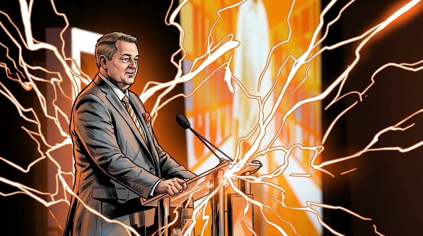 Josh Heupel at a press conference podium, comic-style with electric energy effect