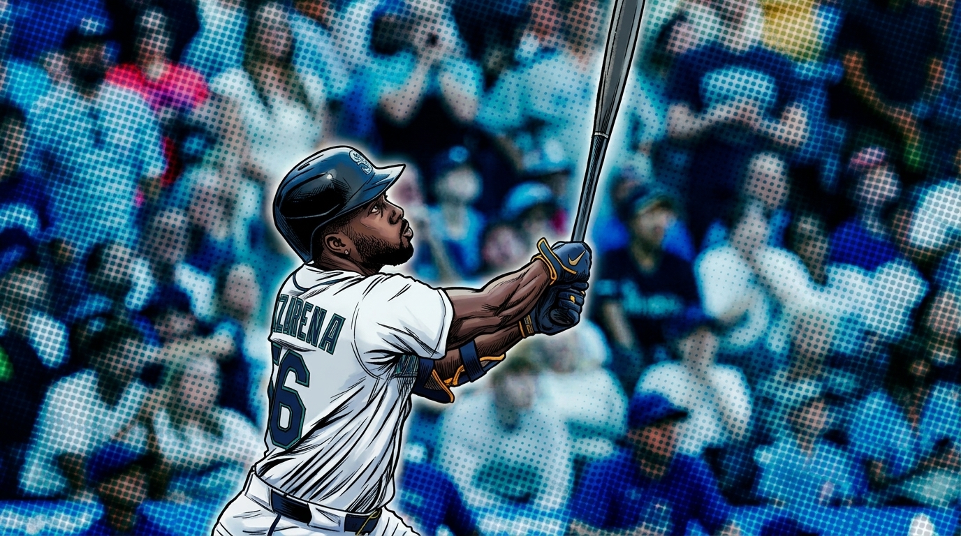 Comic-style illustration of Randy Arozarena in a white Mariners home jersey mid-swing, classic halftone dot effect against a blue-toned crowd background