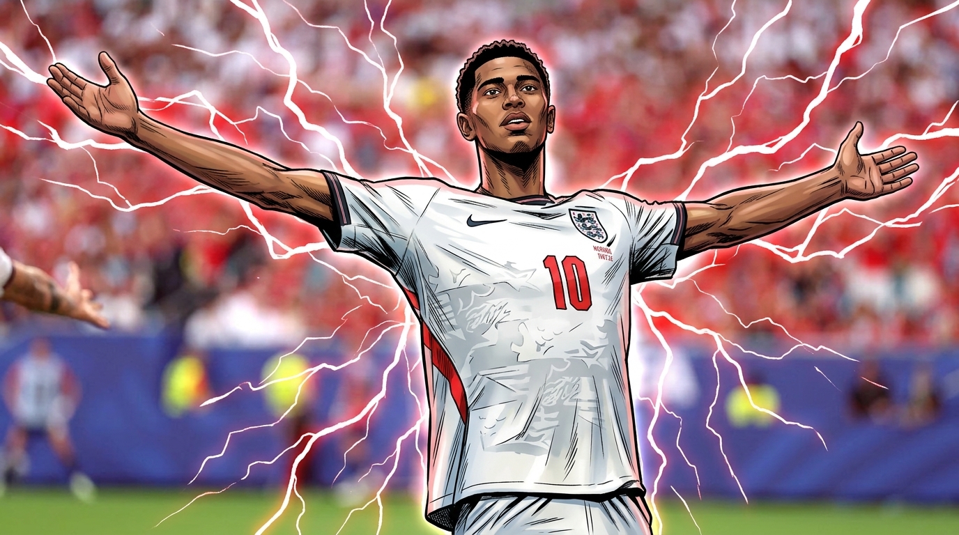 Jude Bellingham celebrates with arms wide in England #10 jersey — Swipe Sports