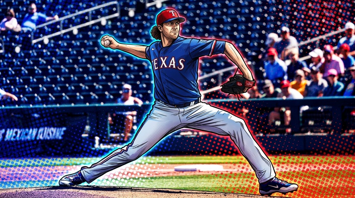 Comic-style illustration of a Texas Rangers pitcher in a blue alternate jersey mid-windup, with a halftone dot effect over a stadium background