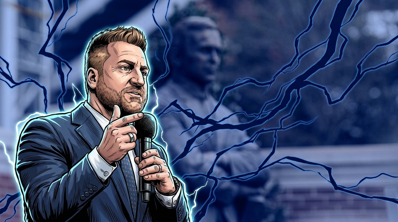 Alex Golesh rendered as a comic book illustration speaking into a microphone in a navy suit, with an electric energy lightning effect -- Swipe Sports