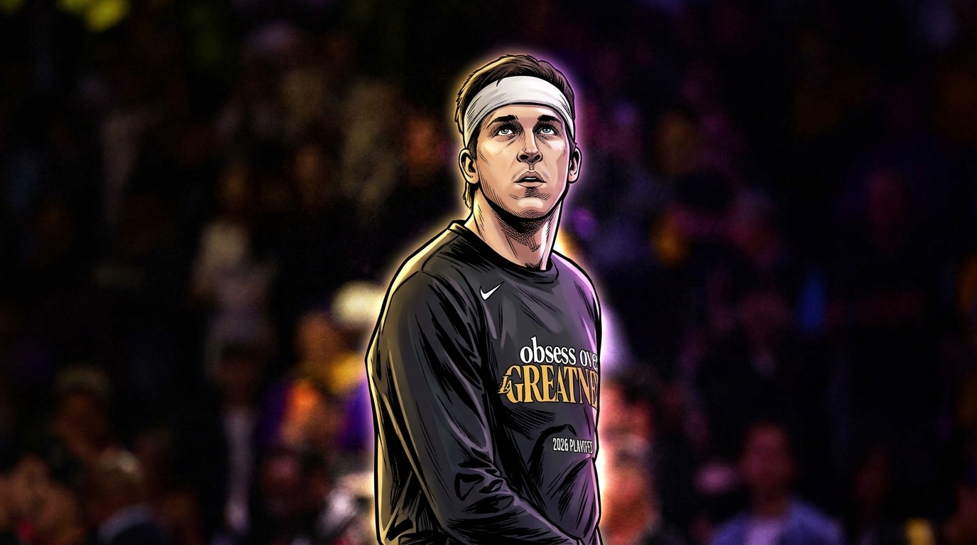 Austin Reaves in Lakers warmup, looking up, comic book neon rim glow style