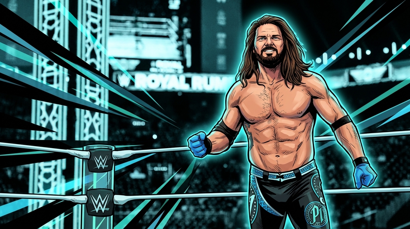 Comic-style illustration of AJ Styles in the ring under teal light streaks