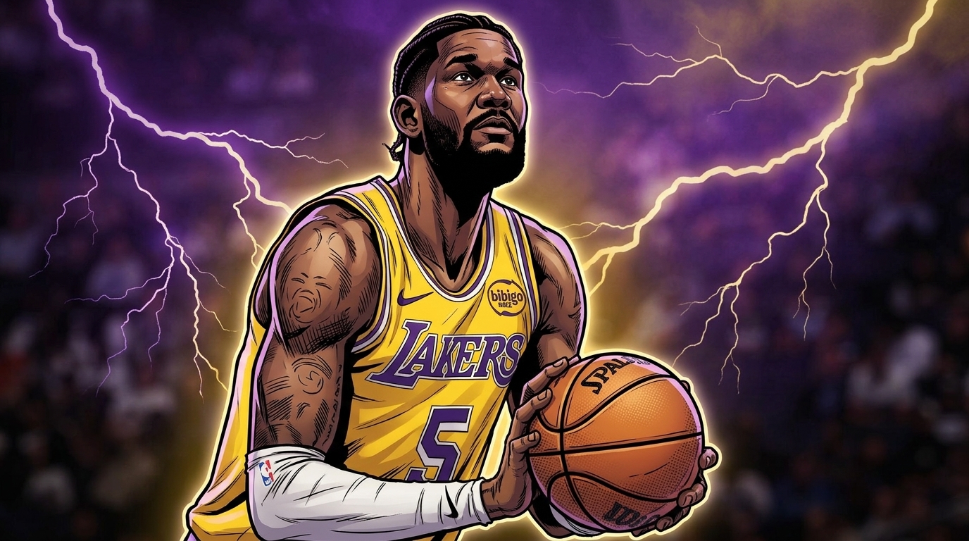 Deandre Ayton in Lakers jersey, comic book storm and lightning effect style — Swipe Sports