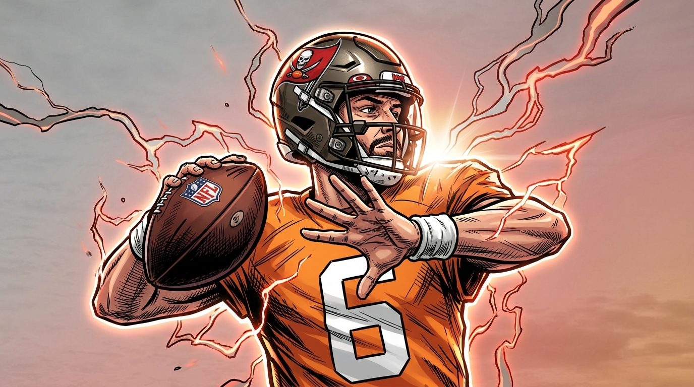 Baker Mayfield in comic book illustration style in orange Buccaneers jersey, electric energy effects