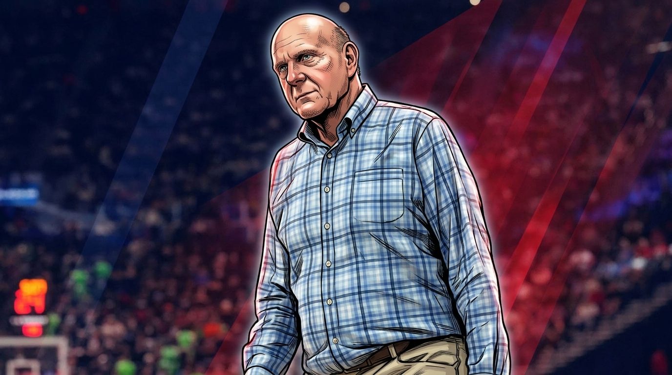 Comic-style illustration of Steve Ballmer in a checked shirt walking a Clippers arena sideline with navy and red geometric light streaks in the background