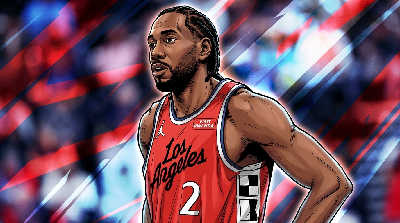 Comic-style illustration of Kawhi Leonard in a red LA Clippers City Edition jersey with red and blue geometric light streaks radiating through the crowd background